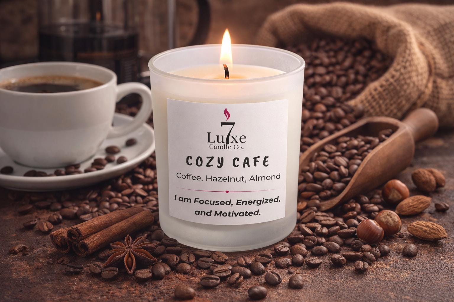 Cozy Café | Fresh Coffee, Hazelnut & Almond | 8 oz Luxury Soy Coconut Candle