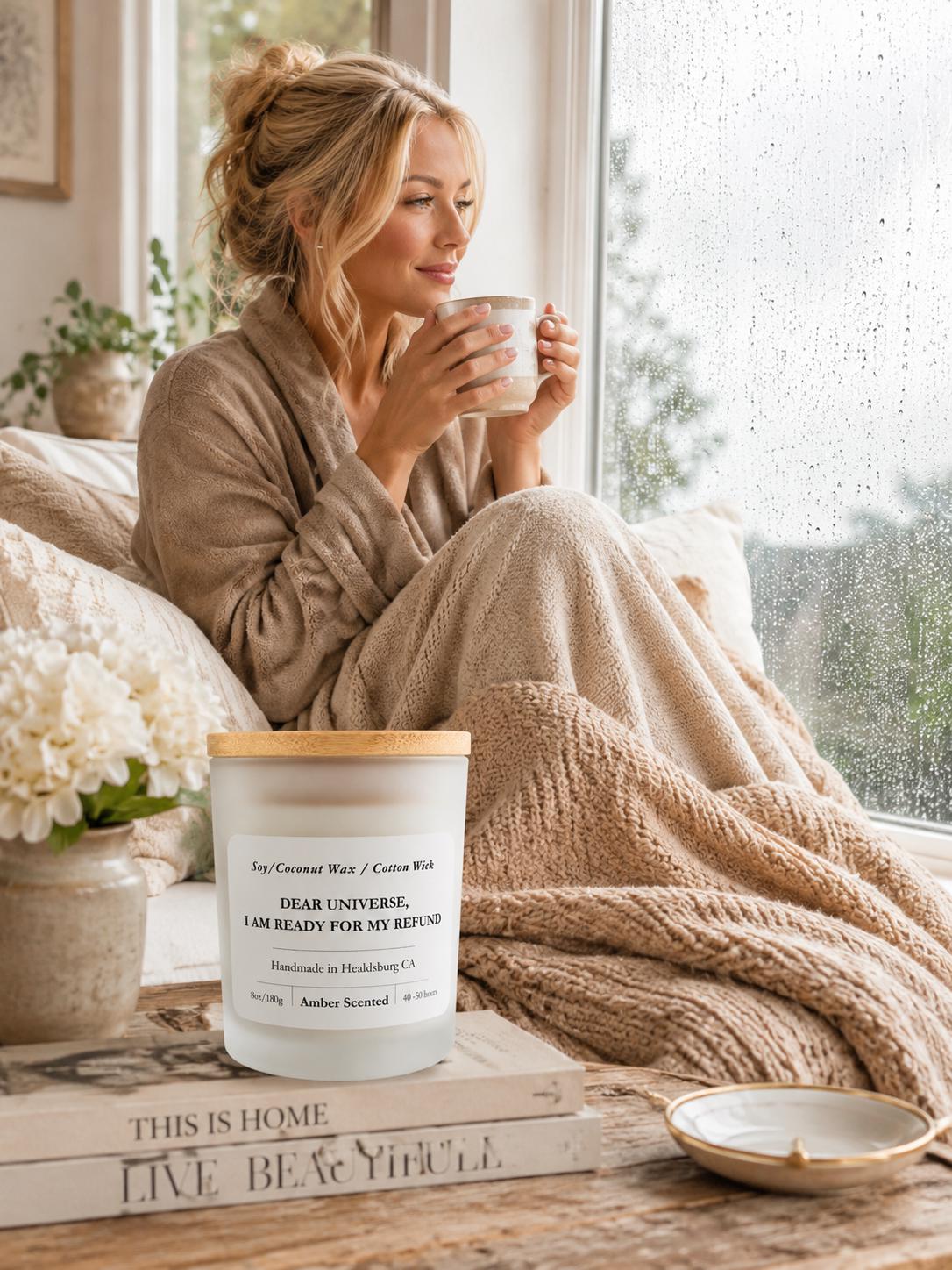 Dear Universe, I'm Ready for My Refund | Amber | 8 oz Luxury Soy Coconut Candle