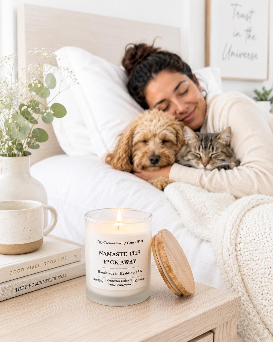 Namaste the F*ck Away | Cucumber Melon & Lemon Eucalyptus | 8 oz Luxury Soy Coconut Candle